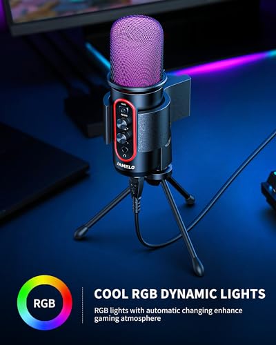 Gaming Microphone, USB Computer Condenser Mic for PC/Laptop/Phone/PS4/5, RGB, Headphone Output, Volume Control,Plug and Play, Mute Button, for Streaming, Podcast, Studio Recording - size: Round Microphone