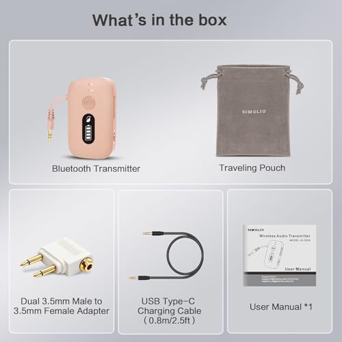 SIMOLIO Airplane Bluetooth Adapter, 20 Hr Playtime, Supports 2 Earbuds/Wireless Headphones, 3.5mm AUX Wireless Audio Transmitter for TV, Gym Equipment, Controller, MP3 Player - color: Pink