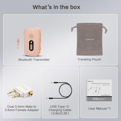 SIMOLIO Airplane Bluetooth Adapter, 20 Hr Playtime, Supports 2 Earbuds/Wireless Headphones, 3.5mm AUX Wireless Audio Transmitter for TV, Gym Equipment, Controller, MP3 Player - color: Pink