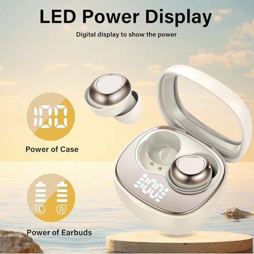 Sleep Ear Buds, 2025 True Wireless Earbuds, Ultra-Mini Bluetooth 5.4 Earbuds for Side Sleepers, 53H Play Hi-Fi Stereo 3D Bass Noise Cancelling Bluetooth headphones, USB C, IP7 Waterproof LED Earphones - color: Off white