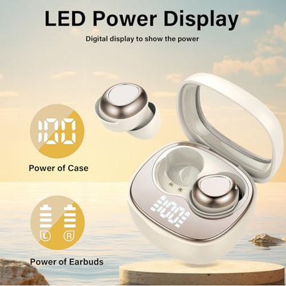 Sleep Ear Buds, 2025 True Wireless Earbuds, Ultra-Mini Bluetooth 5.4 Earbuds for Side Sleepers, 53H Play Hi-Fi Stereo 3D Bass Noise Cancelling Bluetooth headphones, USB C, IP7 Waterproof LED Earphones - color: Off white