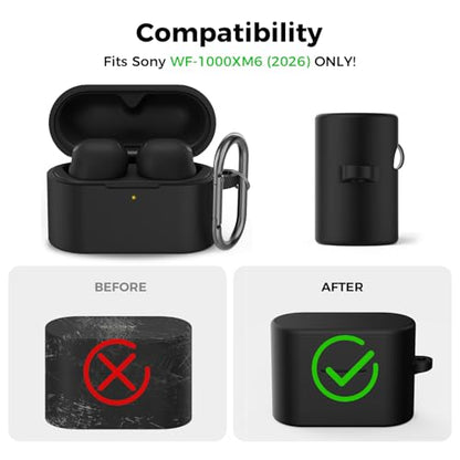 AhaStyle Silicone Case for Sony WF-1000XM6 (2026) Accessories, Black | with Carabiner, LED Visible, Skin-Friendly Soft Touch, Full Protection, Shockproof, Wireless Charging, for Men Women - color: Black