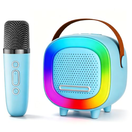 Kids Karaoke Machine Ages 3-12, Mini Wireless Microphones Bluetooth Speaker | LED Party Lights, Voice Changer, Duets, BT 5.3, Rechargeable Portable, Birthday Christmas Toys & Gifts for Boys & Girls - color: Blue - 1 Mic