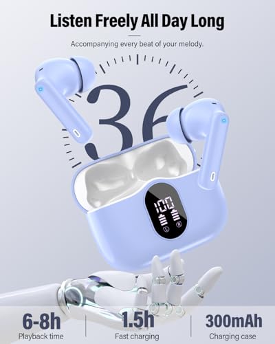 Wireless Earbuds, Bluetooth 5.4 Headphones Bass Stereo/Clear Call,Pale Blue | Ear Buds with Noise Cancelling Mic LED Display in Ear Earphones IP7 Waterproof 36H Bluetooth Earbuds for Phones/Sport/Laptop - color: Pale Blue