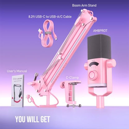 FIFINE AM8PROTP XLR/USB Gaming Microphone Kit, Dynamic RGB Streaming Mic | Podcast Mic Set with Boom Arm Stand, Compatible with PC/PS4/PS5/Mixer, with Headphone Jack, Volume Knob, Mute, Pink - color: Pink