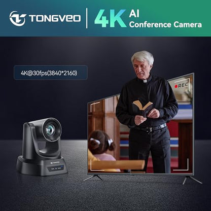 TONGVEO 4K AI Auto Tracking PTZ Conference Camera System with Bluetooth Speakerphone & Microphone, 20X Optical Zoom, USB3.0 HDMI LAN PoE Power Camera for Church Worship, Meetings, Streaming - color: Onyx