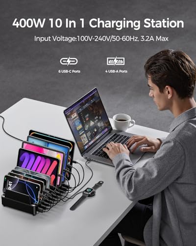 Rocoren 400W 10‑Port Charging Station,Dual PD 100W Dock w/ 6 Cables | Multi‑Device Fast Charging Organizer Dock,Works for MacBook,iPad,iPhone,Cell Phone,Tablet and Other Electronic Devices