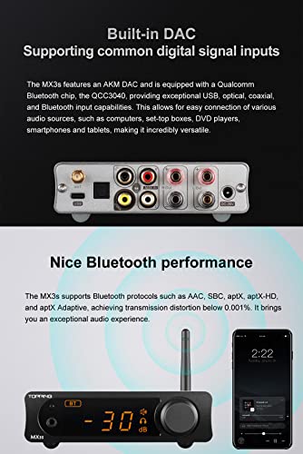 Topping MX3s Amplifier 62W x 2 Class D Power amp Subwoofer Out 700mW x 2 Headphone amp 24-bit/192kHz AKM USB C DAC Bluetooth Support（Silver） - color: Silver