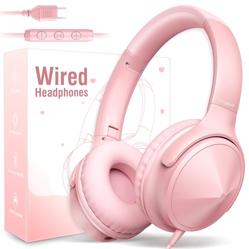 USB C Over Ear Headphones Wired with Mic Volume Control, Pink - color: Coral Pink