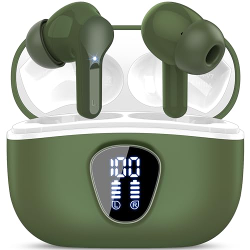 BESNOOW I53 ENC Wireless Earbuds Bluetooth 5.4 HiFi Stereo in Ear Ear Buds | With ENC Noise Cancelling Mic, IP7 Waterproof in Ear Earphones,48H, LED Display Ear buds for Pad Phones Workout Sports, Green - color: Green