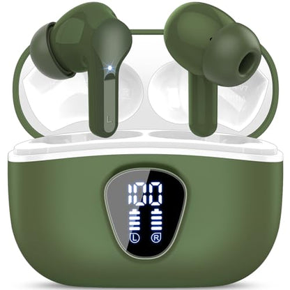 BESNOOW I53 ENC Wireless Earbuds Bluetooth 5.4 HiFi Stereo in Ear Ear Buds | With ENC Noise Cancelling Mic, IP7 Waterproof in Ear Earphones,48H, LED Display Ear buds for Pad Phones Workout Sports, Green - color: Green