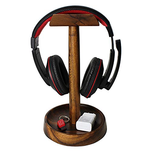 Headphone Stand, Solid Acacia Wood Headset Holder with Tray, Desk Organizer | Solid acacia wood headset stand with tray for gaming, home office, headphones, headsets, accessories & workspace organization - style: Single Headset Holder