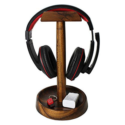 Headphone Stand, Solid Acacia Wood Headset Holder with Tray, Desk Organizer | Solid acacia wood headset stand with tray for gaming, home office, headphones, headsets, accessories & workspace organization - style: Single Headset Holder