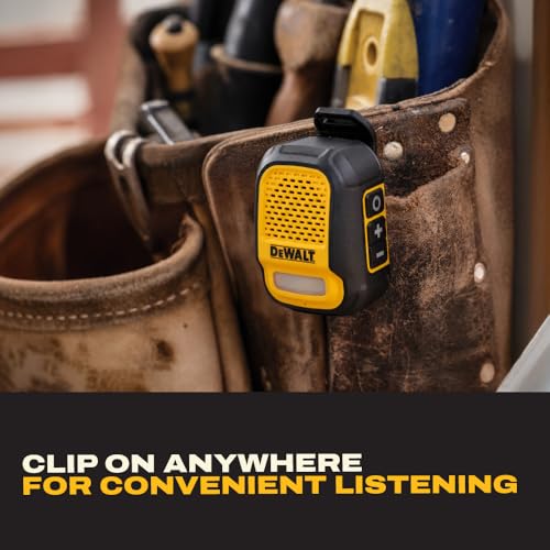 DEWALT Heavy Duty Wearable Bluetooth Speaker Pro Max (New Model) Jobsite Clip-On Mini Speaker w/LED Work Light, IP56 Water Resistant, 12H Runtime, Built-in Mic & Multi-Speaker Link - color: New