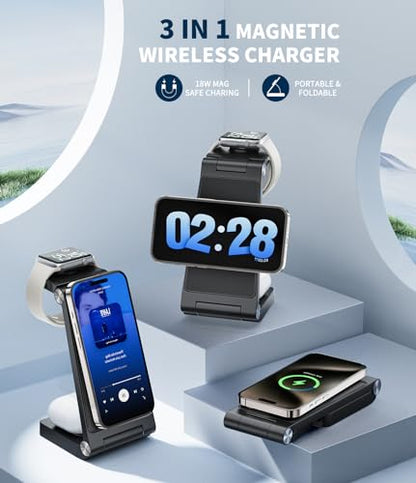 Magnetic Wireless Charging Station, 3 in 1 Fast Max Charging for iPhone 17 16 15 14 13 12 Pro Max Plus, Apple Watch, Air Pods Pro - Space-Saving Multi-Device Stand (Black)