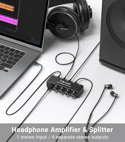 4-Way 3.5mm Headphone Amplifier with Independent Volume Control, 16-300 Ohm, Aluminum Case Stereo Audio Splitter Box for Headphone, Speaker, and Laptop-5V DC Power Supply