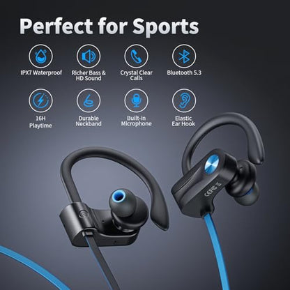 JOYWISE Wireless Headphones Bluetooth 5.3 Headphones with 16 Hours Playtime, Over-Ear Stereo Bass Earphones with Earhooks Headset, Sports Earbuds with Storage Bag for Running, Blue - color: Blue