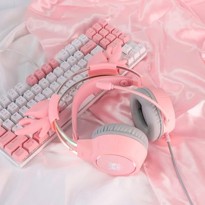 Lightweight Gaming Headset, RGB Lighting, Wired Over Ear Headphones with Mic for PC, PS4, PS5, Xbox, Switch, Stereo Surround Sound, Self-Adjusting Headband, Pink Deer Ear - color: Pink Deer Ear