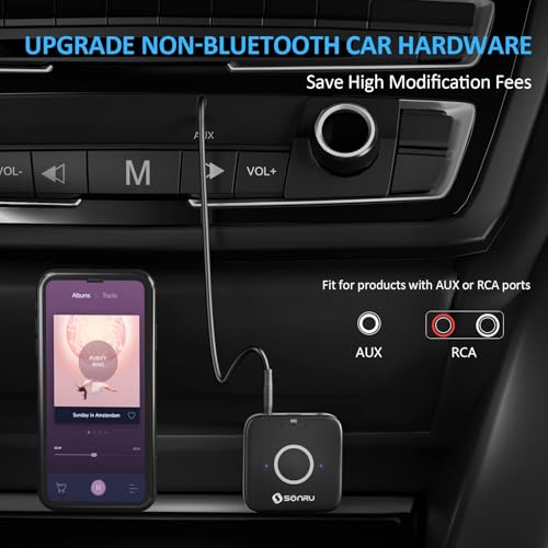 Bluetooth 5.3 Adapter Hi-Fi Equipment for Car Wireless Audio Receiver with 3.5mm AUX RCA Cable, Noise Cancellation, Dual AUX Outputs for Home Speakers Wired Headphones