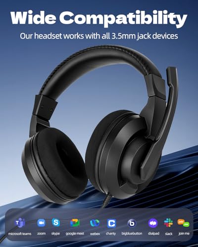 L02 Wired Headset, 3.5mm Stereo Headphones with Noise Canceling Microphone & Volume Controls, On-Ear Computer Headset for School/Office/Online/Gaming (Black)
