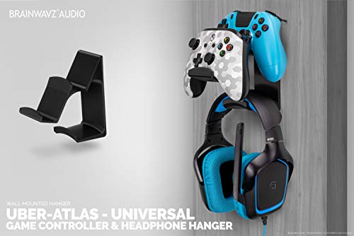 BRAINWAVZ The UberAtlas Dual Game Controller & Headphone Stand Wall Mount Holder for Xbox ONE, Series X, PS5, PS4, PS3, Switch, STEELSERIES Gamepad & More, Stay Organized No Screws - color: Black