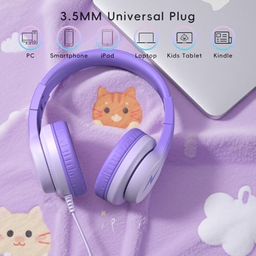 Candy Bila Wired Kids Headphones for School, Over-Ear for Boys Girls | Volume Limiter 85/94dB, HD Stereo Sound, Microphone and Wired Control, Foldable Design, Gradient Deep Purple - color: Gradient Deep Purple