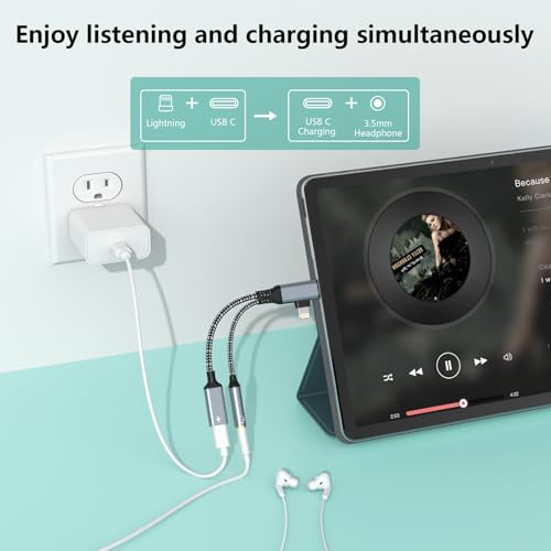 2-in-2 Lightning & USB C to 3.5mm Aux Audio Jack Headphone+Type-C Charge Cable Splitter,Earphone Converter Adapter for Music+Charge Power+HiFi for iPhone14 13 12,iPad,Samsung【Apple MFi Certified】-Gray