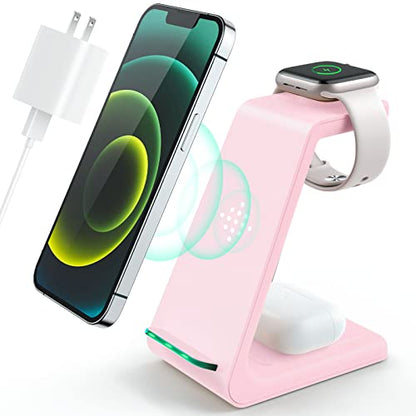 3 in 1 Wireless Charging Station, 2026 Upgraded Fast Desk Charger Station for iPhone 17 16 15 14 13 12 Pro Max Plus, Charger Stand for Apple Watch 10 9 8 7 6 5 4 3 2 SE, Airpods 4 3 2 Pro(Pink) - color: C-Pink