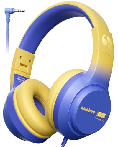 awatrue Kids Headphones for School, 74‑85‑94dB, 3.5mm Jack, HK07 | Foldable Wired Over Ear Headphones, for Toddler School/Travel/iPad/Tablet, Blue-Yellow - color: Blue Yellow