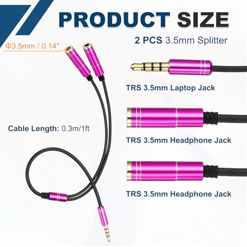 MECCANIXITY 2Pcs 3.5mm Splitter Male to 2 Dual 3.5mm Female Y Jack Aux Splitter for Phone Headset Tablets, 1ft, Pink - color: Pink
