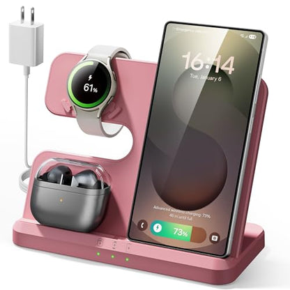 Wireless 3 in 1 Charging Station for Samsung, Phone and Watch Charger for Galaxy S25 Ultra/S24/S23/Z Fold, Wireless Charging Dock for Samsung Watch Galaxy 8/7/6/5, Galaxy Buds 3/2/Pro - color: Pink