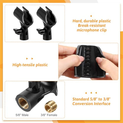 2 PCS Universal Microphone Clip, Adjustable Mic Clip Holder | for Mic Stand with 5/8" to 3/8" Screw Adapter, Anti-Slip Design for 30-35mm Handheld Wired & Wireless Microphones, Black