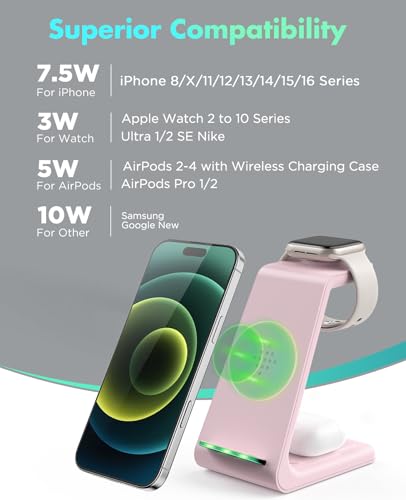 3 in 1 Wireless Charging Station, 2026 Upgraded Fast Desk Charger Station for iPhone 17 16 15 14 13 12 Pro Max Plus, Charger Stand for Apple Watch 10 9 8 7 6 5 4 3 2 SE, Airpods 4 3 2 Pro(Pink) - color: C-Pink