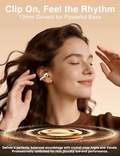 Open Ear Earbuds, Wireless Bluetooth 6.0 Clip-on Earbuds, 50H Playtime, Comfortable Snug Fit, Chic Tech Accessories & Gifts for Women & Kids, White