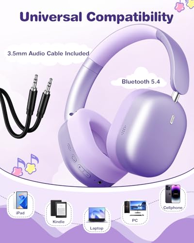 Wentronic Kids Headphones Wireless Bluetooth 5.4,Foldable Over Ear Headphones with 3.5mm Wired Mode,Safe Volume Limit,48H Playtime,Clear Calls,HD Sound for Toddlers/Children/School/Travel,Purple - color: Purple