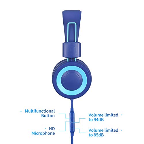POWMEE P10 Kids Stereo Headphones with Microphone for Children Boys Girls,Adjustable 85dB/94dB Volume Control Foldable On-Ear Headphone for School/PC/Cellphone(Blue) - color: Blue