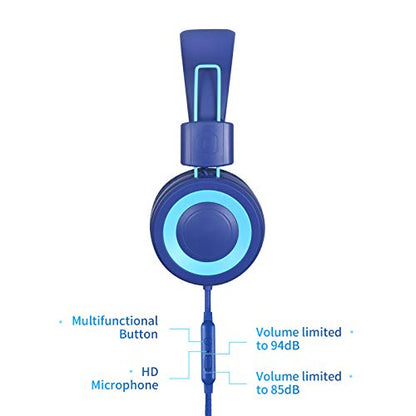 POWMEE P10 Kids Stereo Headphones with Microphone for Children Boys Girls,Adjustable 85dB/94dB Volume Control Foldable On-Ear Headphone for School/PC/Cellphone(Blue) - color: Blue