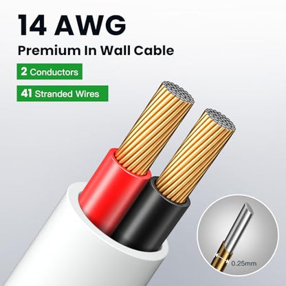 White Speaker Wire 14 Gauge 150FT CL2 Rated CCA Speaker Cable | Flexible PVC Jacket 2 Conductors Red & Black Polarity Mark for Home Theater,Indoor,In-Wall,In-Ceiling & Marine - size: 150 FT, style: 14GAUGE