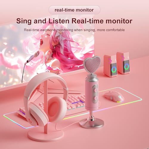 HB128 USB Gaming Condenser Mic Pink Heart Design Plug & Play | One-Click Mute Gain Control, for PC/Console/Phone, Twitch/YouTube/TikTok, Streamers Gamers and Video Creators - color: HB128 desktop