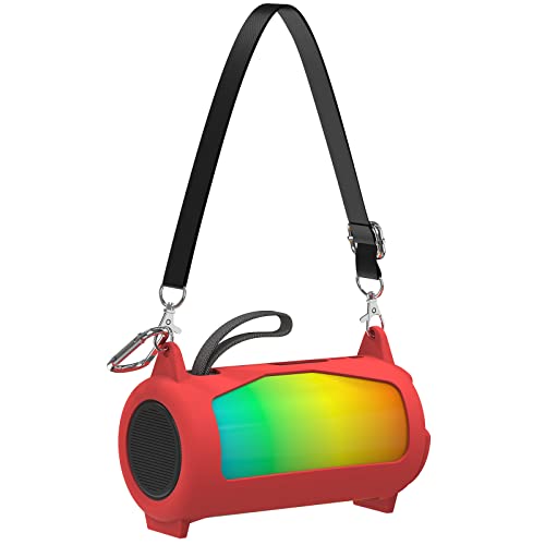 Geekria Silicone Speaker Case Cover Compatible with JBL Pulse 5, Protective Soft Skin, Replacement Bluetooth Speakers Travel Carrying Sleeve with Keychain Hook and Shoulder Strap (Red)