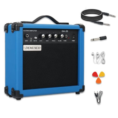 20W Electric Guitar Blue Amplifier Guitar Amp Practice Small Portable Travel with Headphone Jack Aux Distortion Gain Treble Bass Volume with 3 Meters Cable Adapter Pick Earphone Aux Cable - color: Blue