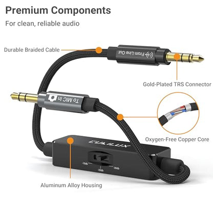 3.5mm TRS Line to Microphone Attenuator Cable, 3-Level (-10dB/-20dB/-30dB) Attenuation MIC Cord for DSLR Camera, Camcorder, 1 Feet