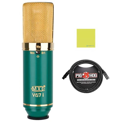 MXL V67i FET Condenser Microphone Bundle with Pig Hog Microphone Cable | Dual-Voiced Capsule Design, Studio-Ready Performance, Added Control Options, Mic Cable, Mic Clip & Polishing Cloth Included