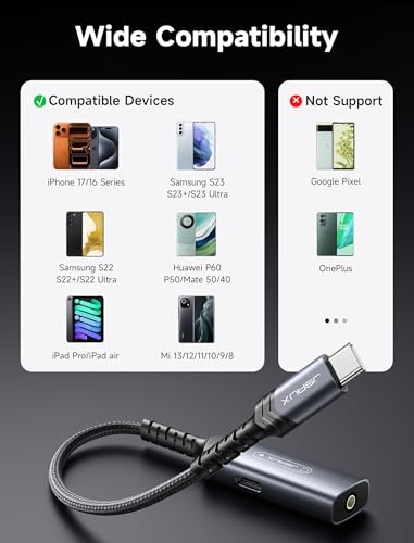 JSAUX USB C Headphone Adapter and Charger, 2-in-1 Type to 3.5mm Audio with PD 60W Fast Charging for iPhone 16 Pro/16 Pro Max/16/16 Plus/15 Pro Max/15 Pro,Samsung S24/S24+/S23/S22/S21,iPad Pro-Red | USB C Headphone Adapter and Charger, 3.5mm Audio with PD