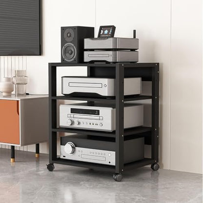 4 Tier Audio Rack AV Media Player Stand Stereo Cabinet | Floor-Standing CD DVD Record Player Stand, Movable Component Storage Shelf with Wheels for Home Theater, Black - size: 4 Tier