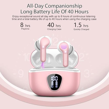 Wireless Earbuds, Bluetooth 5.4 Headphones HiFi Stereo, Bluetooth Earbuds | With ENC Noise Cancelling Mic, IP7 Waterproof in Ear Earphones, 48H, LED Display Ear Buds for Pad Phones Workout Sports, Pink - color: B-Pink