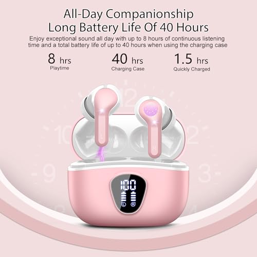 Wireless Earbuds, Bluetooth 5.4 Headphones HiFi Stereo, Bluetooth Earbuds | With ENC Noise Cancelling Mic, IP7 Waterproof in Ear Earphones, 48H, LED Display Ear Buds for Pad Phones Workout Sports, Pink - color: B-Pink