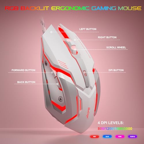 BlueFinger RGB Gaming Keyboard and Backlit Mouse and Headset Combo, USB Wired Backlit Keyboard, LED Gaming Mouse Set, Headset with Microphone for Laptop PC Computer Game and Work (White & Pink) - color: White & Pink