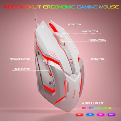 BlueFinger RGB Gaming Keyboard and Backlit Mouse and Headset Combo, USB Wired Backlit Keyboard, LED Gaming Mouse Set, Headset with Microphone for Laptop PC Computer Game and Work (White & Pink) - color: White & Pink