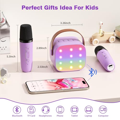 Mini Karaoke Machine with 2 Wireless Microphones, 2026 TOP Kids Portable Bluetooth Karaoke Machine for 3, 4, 5, 6, 7, 8, 9,10,11,12+Year Old, Christmas Birthday Gifts for Girls Boys Adults Home Party - color: Purple